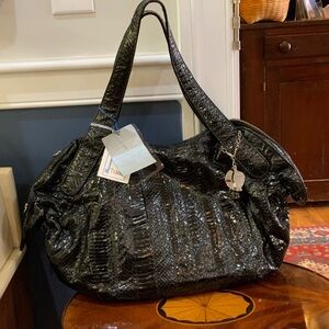 Luxurious Black Embossed Shoulder Bag Pure Snakeskin